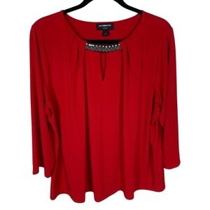 *2/$30* Liz Claiborne Red Beaded Collar Detail 3/4 Sleeve Knit Top Size 1X
